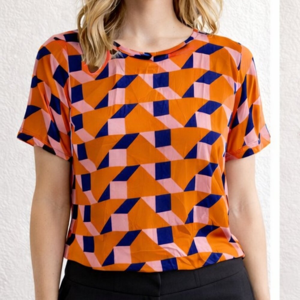 Mister Zimi Orange Pink Blue Geo Patterned Top Sz 2 Office Career Lightweight